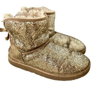 UGG Gold Glitter Sparkle Ankle Shearling Line Bow Back Boot